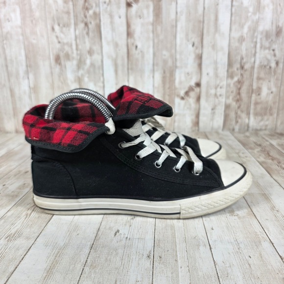 Converse Shoes - Converse All Star Roll Down‎ Top High Top Sneakers Black Red Plaid Size 6
